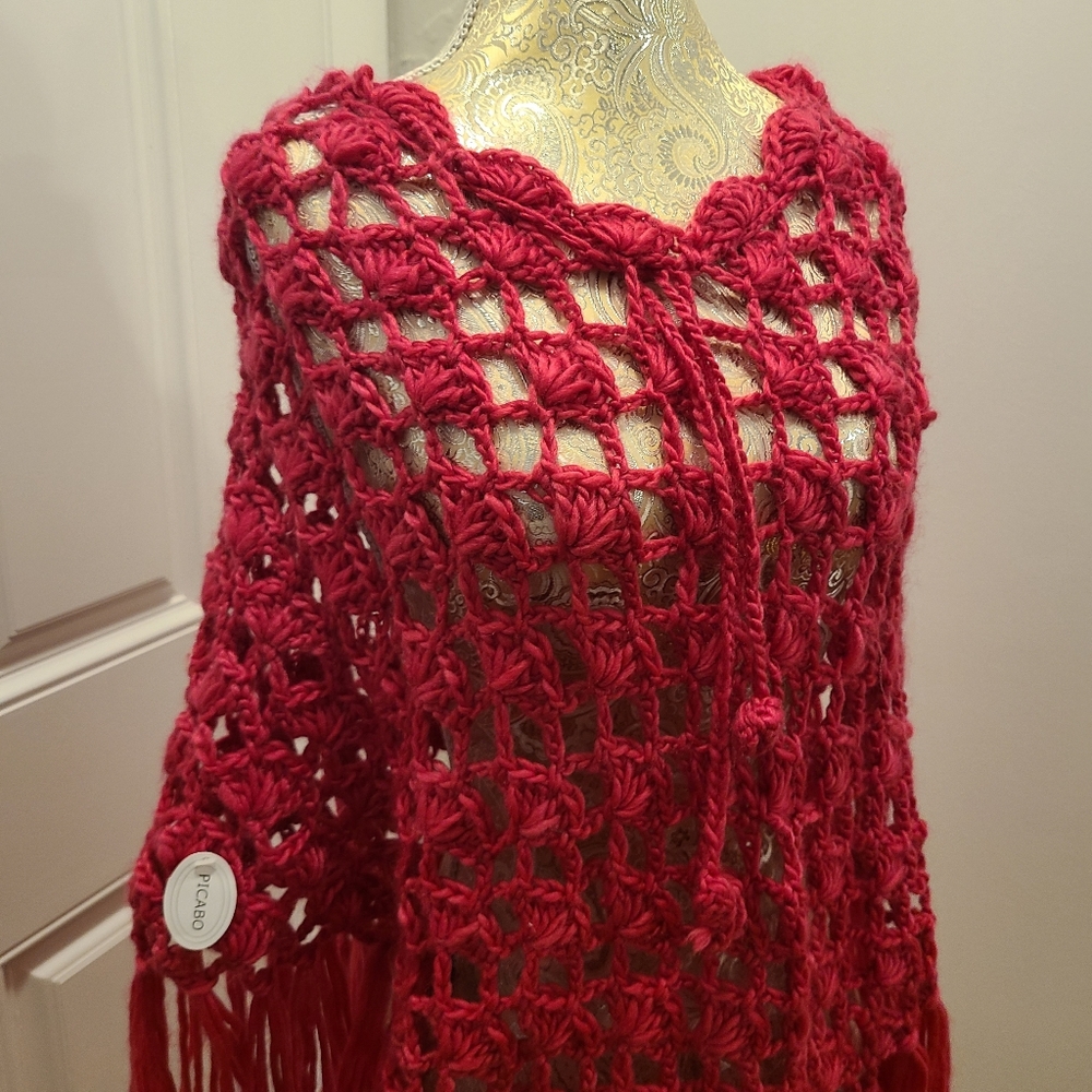 Hot Pink Crochet Poncho with Fringe